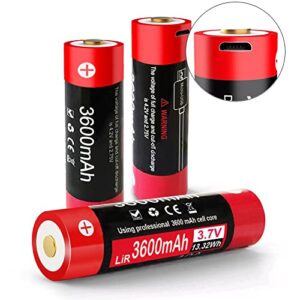 snsyiy 3.7v button top batteries usb rechargeable battery 3600mah for klarus flashlight (xt11x, xt11gt, xt30r...) (2-pack)
