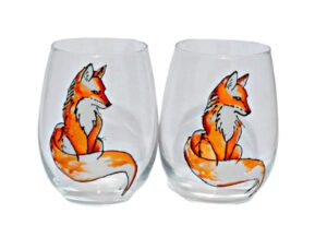 red fox hand painted stemless wine glass set of 2 fall farmhouse home decor