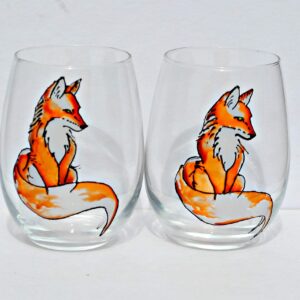 Red Fox Hand Painted Stemless Wine Glass Set of 2 Fall Farmhouse Home Decor