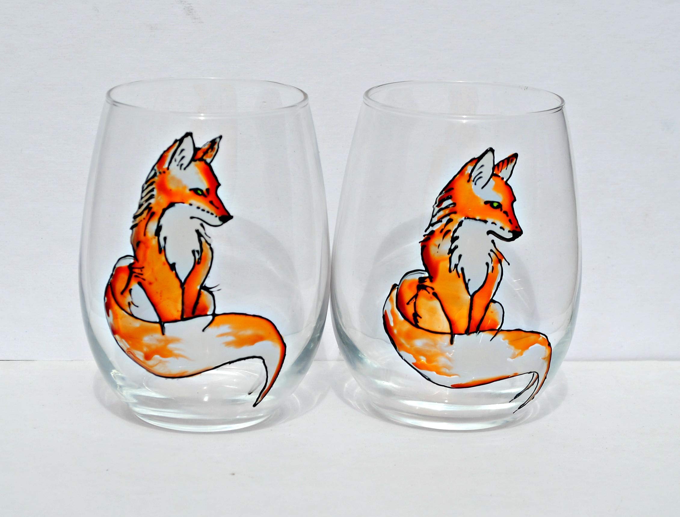 Red Fox Hand Painted Stemless Wine Glass Set of 2 Fall Farmhouse Home Decor