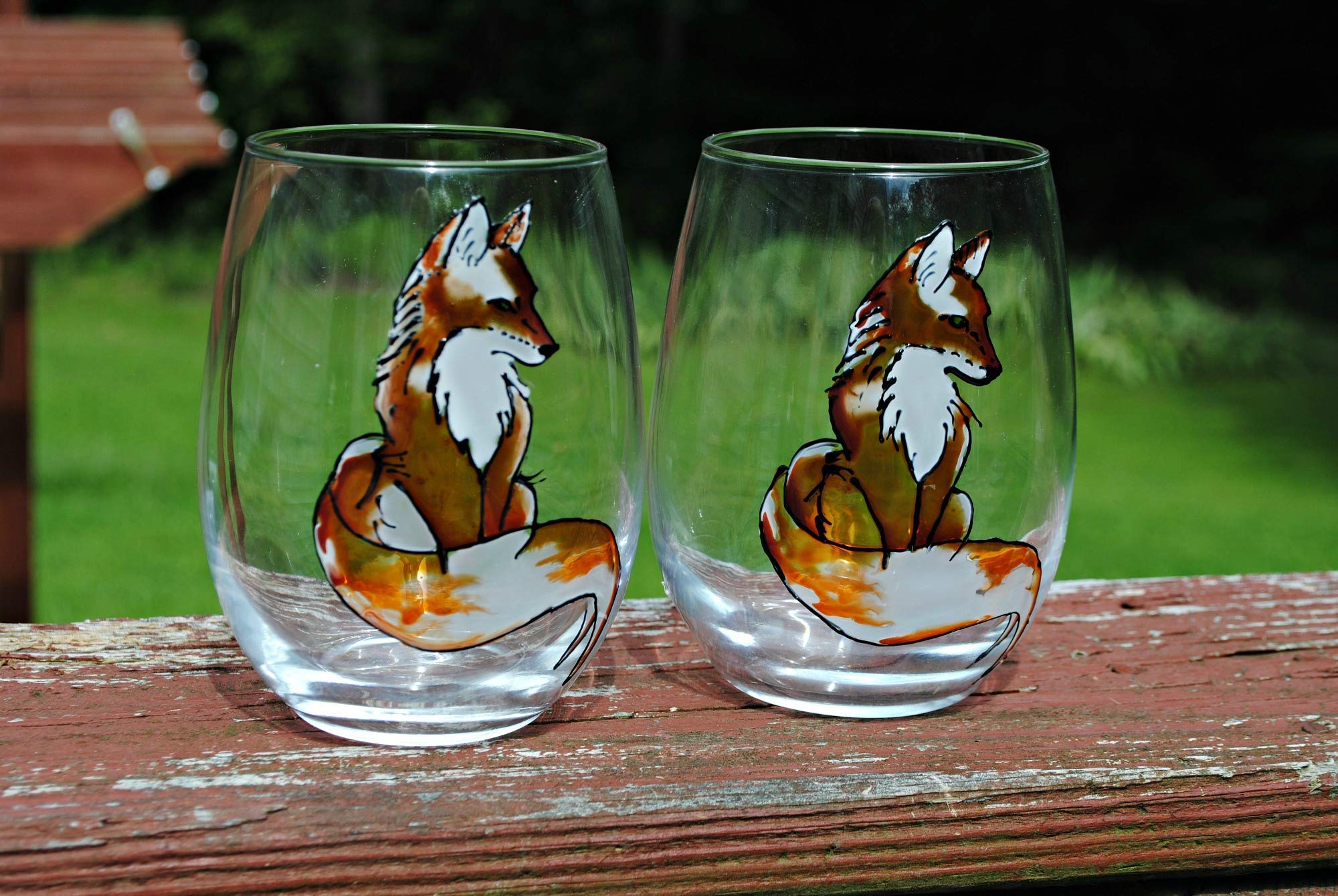 Red Fox Hand Painted Stemless Wine Glass Set of 2 Fall Farmhouse Home Decor