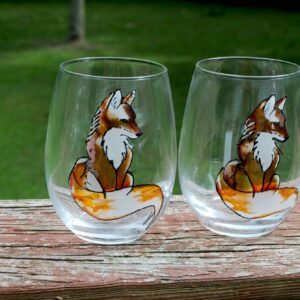 Red Fox Hand Painted Stemless Wine Glass Set of 2 Fall Farmhouse Home Decor