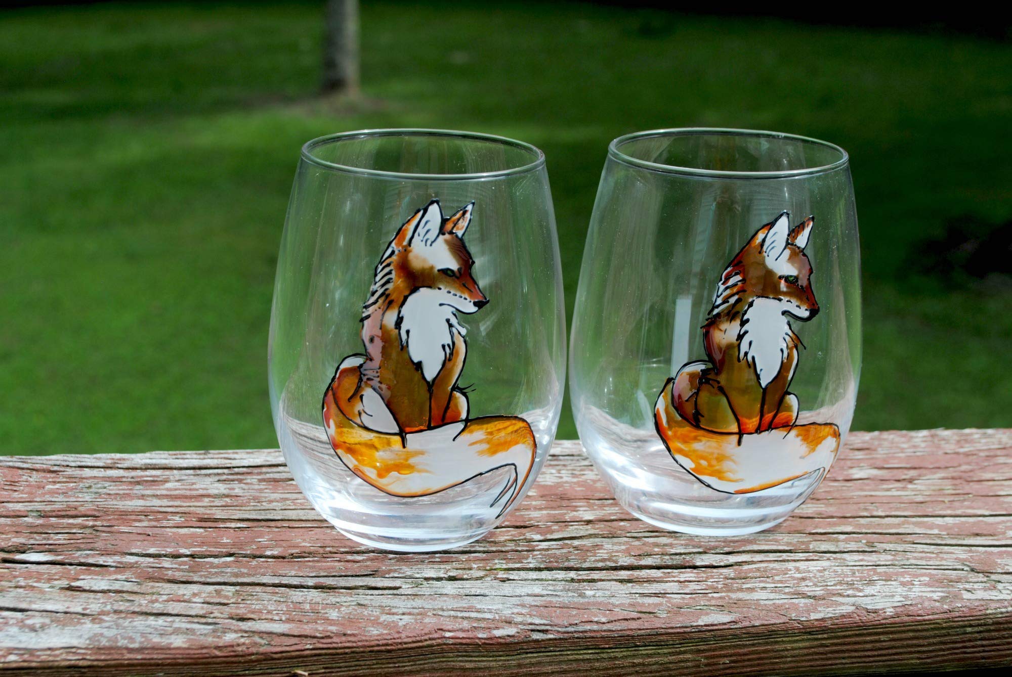 Red Fox Hand Painted Stemless Wine Glass Set of 2 Fall Farmhouse Home Decor