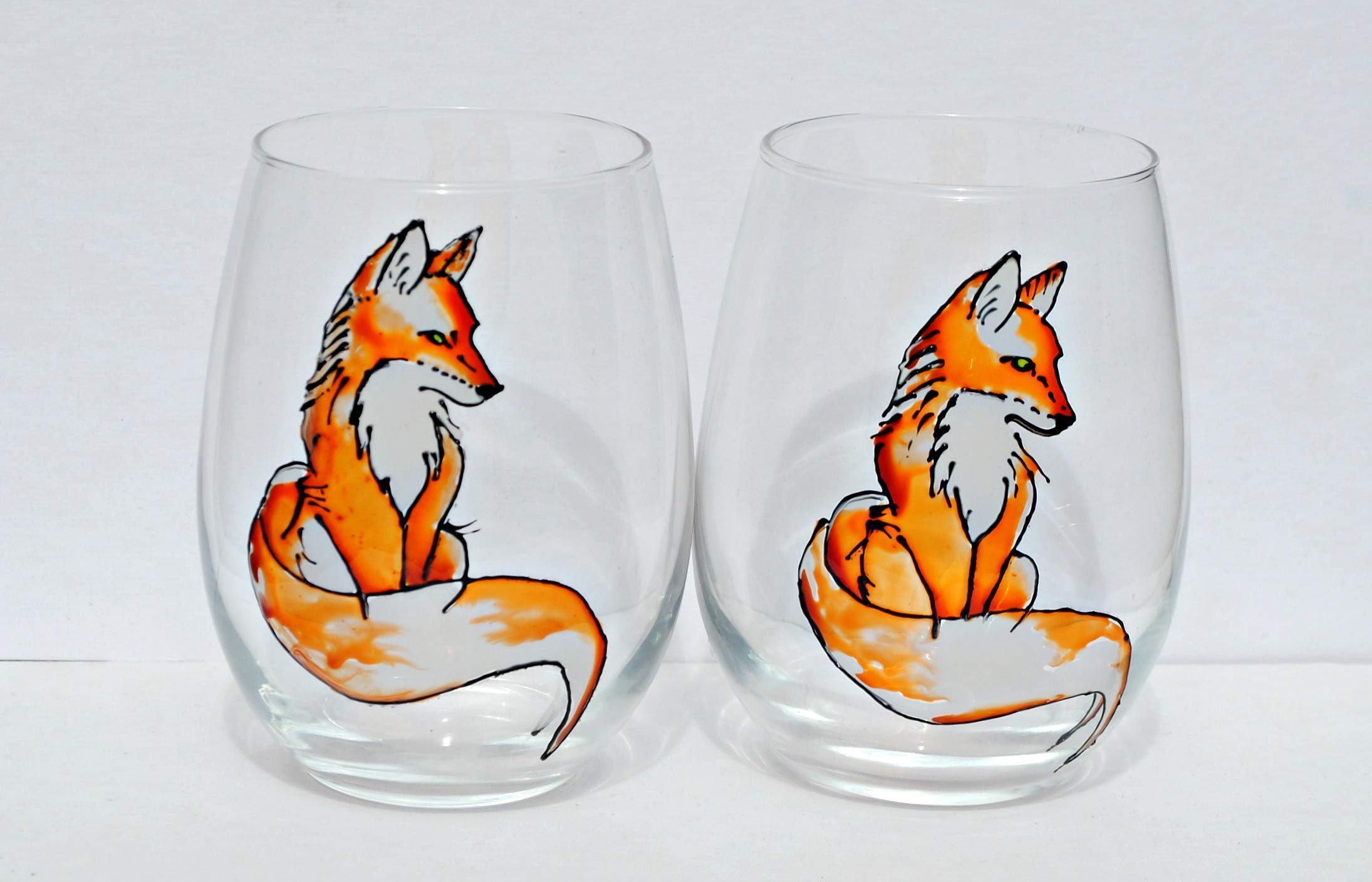 Red Fox Hand Painted Stemless Wine Glass Set of 2 Fall Farmhouse Home Decor