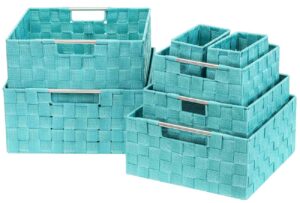 sorbus storage baskets for organizing (set of 7), mesh hand-woven design, linen closet organizers and storage, organizer storage baskets for shelves, variety pack organizers and storage (aqua)