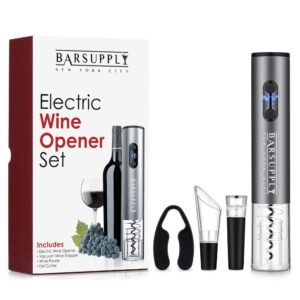 electric wine bottle opener set, 4 piece set, automatic corkscrew wine opener, includes foil cutter, wine pourer, vacuum pump stopper, battery operated, stainless steel, gift box set