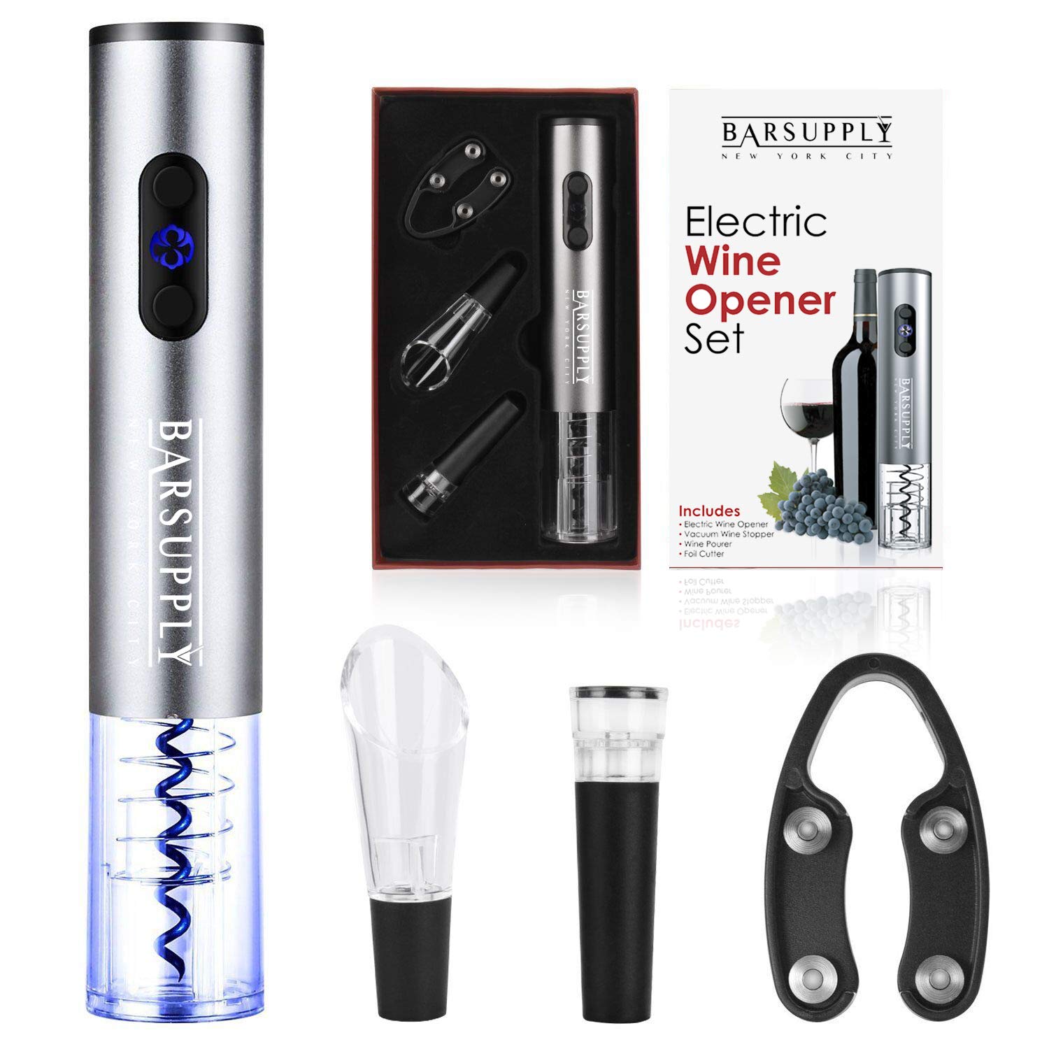 Electric Wine Bottle Opener Set, 4 Piece Set, Automatic Corkscrew Wine Opener, Includes Foil Cutter, Wine Pourer, Vacuum Pump Stopper, Battery Operated, Stainless Steel, Gift Box Set