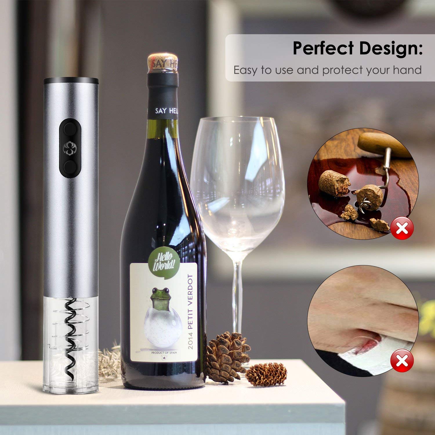 Electric Wine Bottle Opener Set, 4 Piece Set, Automatic Corkscrew Wine Opener, Includes Foil Cutter, Wine Pourer, Vacuum Pump Stopper, Battery Operated, Stainless Steel, Gift Box Set