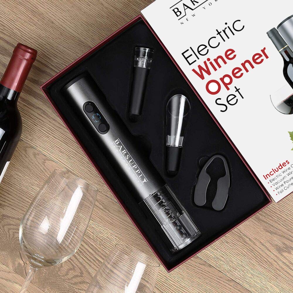 Electric Wine Bottle Opener Set, 4 Piece Set, Automatic Corkscrew Wine Opener, Includes Foil Cutter, Wine Pourer, Vacuum Pump Stopper, Battery Operated, Stainless Steel, Gift Box Set