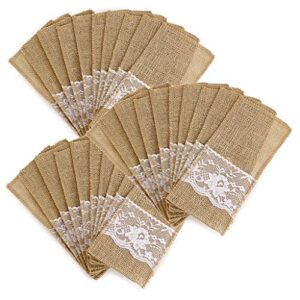 ownmy natural burlap tableware utensil holders burlap lace silverware holder linen knife and forks cutlery pouch bag for vintage rustic wedding party (beige-30 packs)