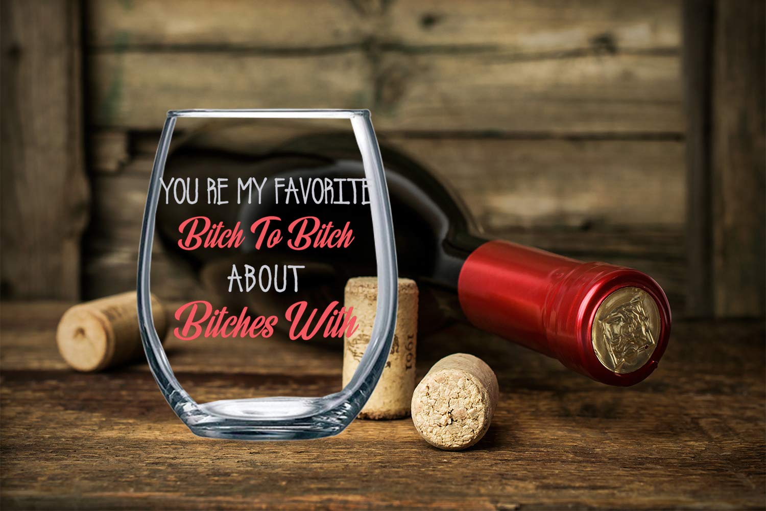 Your my Favorite Bitch to Bitch About Bitches with Funny 15oz Stemless Crystal Wine Glass - Fun Wine Glasses with Sayings Gifts for Women