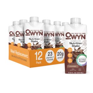 owyn plant-based complete nutrition protein shake, chocolate, 20g plant based protein, 23 vitamins minerals, vegan nutritional shake, gluten, soy, and tree nut-free (chocolate, 12 pack)