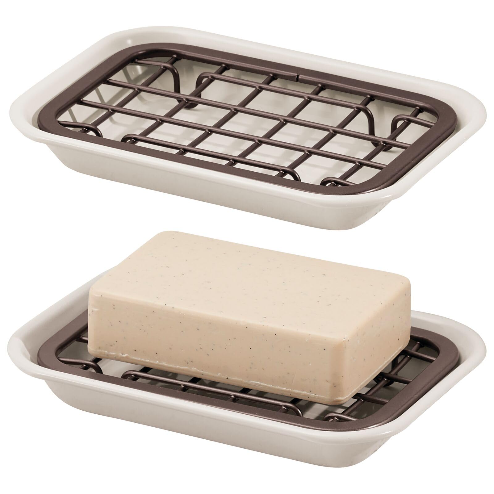 mDesign 2-Piece Soap Dish for Kitchen Sink - Bar of Soap Holder with Drainage Grate for Kitchen - Countertop Caddy Dish Rest for Scrubber, Sponge and Brushes - Unity Collection - 2 Pack, Cream/Bronze