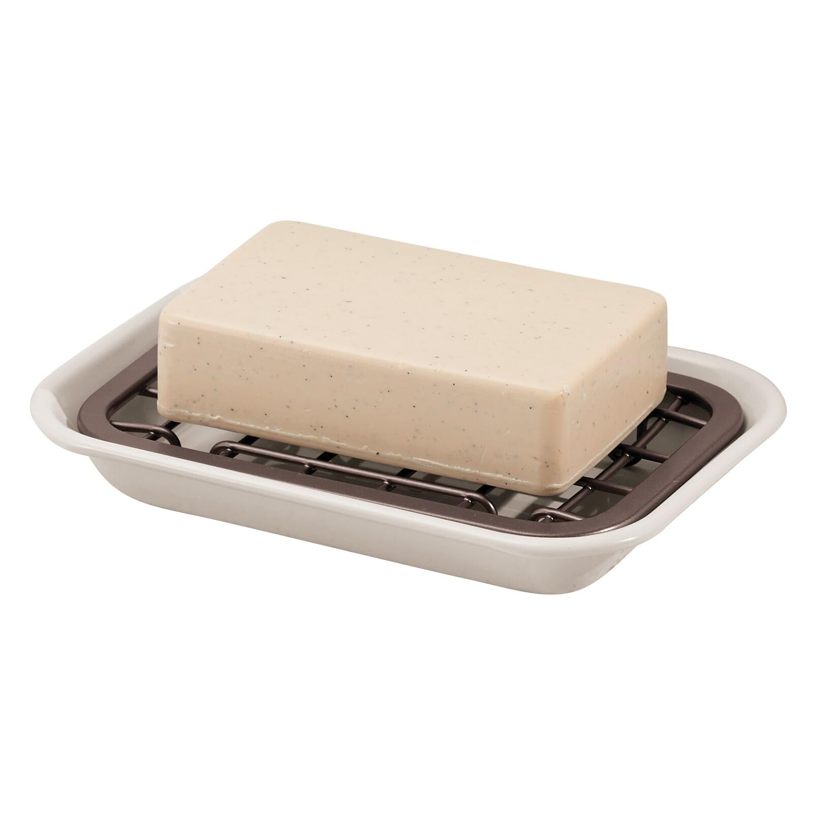 mDesign 2-Piece Soap Dish for Kitchen Sink - Bar of Soap Holder with Drainage Grate for Kitchen - Countertop Caddy Dish Rest for Scrubber, Sponge and Brushes - Unity Collection - 2 Pack, Cream/Bronze