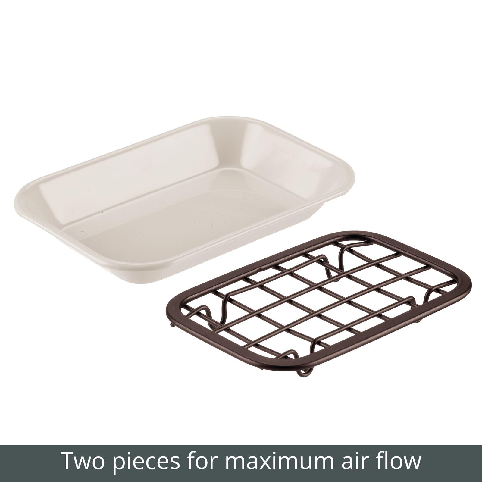 mDesign 2-Piece Soap Dish for Kitchen Sink - Bar of Soap Holder with Drainage Grate for Kitchen - Countertop Caddy Dish Rest for Scrubber, Sponge and Brushes - Unity Collection - 2 Pack, Cream/Bronze