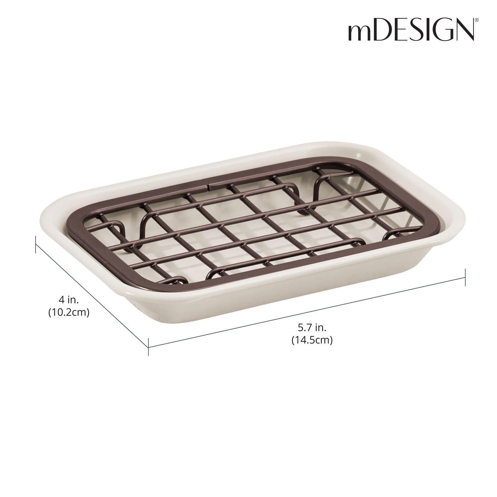 mDesign 2-Piece Soap Dish for Kitchen Sink - Bar of Soap Holder with Drainage Grate for Kitchen - Countertop Caddy Dish Rest for Scrubber, Sponge and Brushes - Unity Collection - 2 Pack, Cream/Bronze