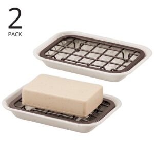mDesign 2-Piece Soap Dish for Kitchen Sink - Bar of Soap Holder with Drainage Grate for Kitchen - Countertop Caddy Dish Rest for Scrubber, Sponge and Brushes - Unity Collection - 2 Pack, Cream/Bronze