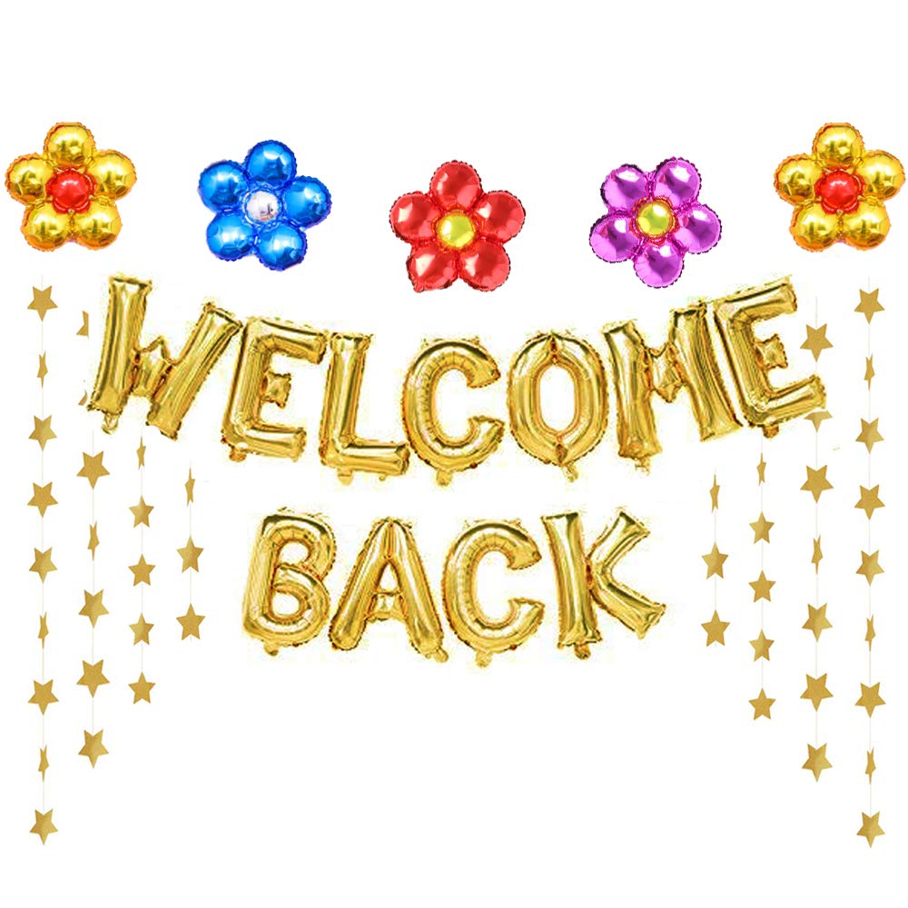 Welcome Back Balloons Gold Welcome Back Banner Back to School Party Supplies with Flower Balloons Star Banners First Day of School Classroom, Wedding, House, Home Decor Decorations