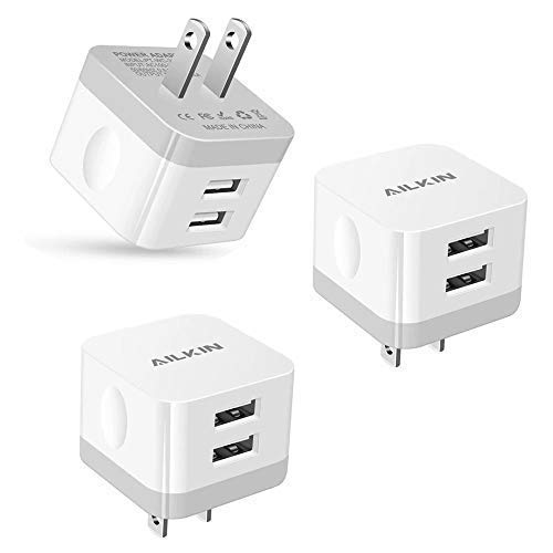 3Pack USB Wall Charger Plug, AILKIN 2.4A Dual Port USB Adapter Power Cube Fast Charging Station Box Base Replacement for iPhone 14 13 12 Pro Max SE 11 XR XS X/8, Samsung, Phones USB Charge Block-White