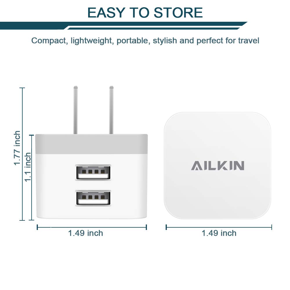 3Pack USB Wall Charger Plug, AILKIN 2.4A Dual Port USB Adapter Power Cube Fast Charging Station Box Base Replacement for iPhone 14 13 12 Pro Max SE 11 XR XS X/8, Samsung, Phones USB Charge Block-White