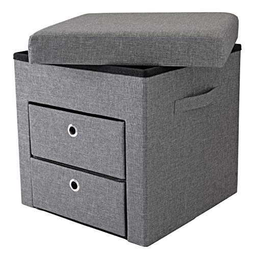 Simplify 2 Drawer Collapsible Storage Ottoman | Perfect for Gaming| Toys| Magazines| Linens| Blankets & More | Grey