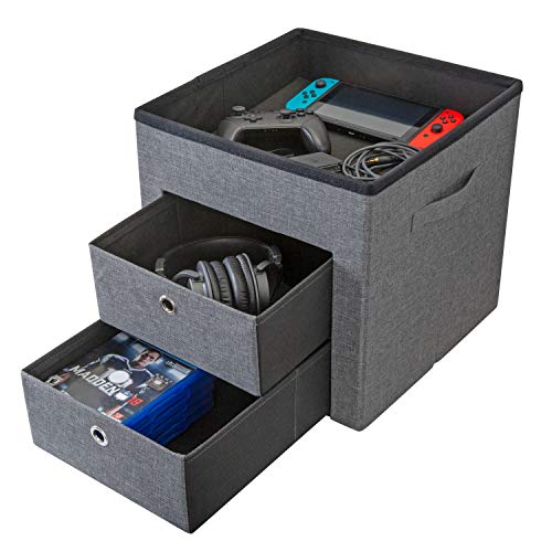 Simplify 2 Drawer Collapsible Storage Ottoman | Perfect for Gaming| Toys| Magazines| Linens| Blankets & More | Grey