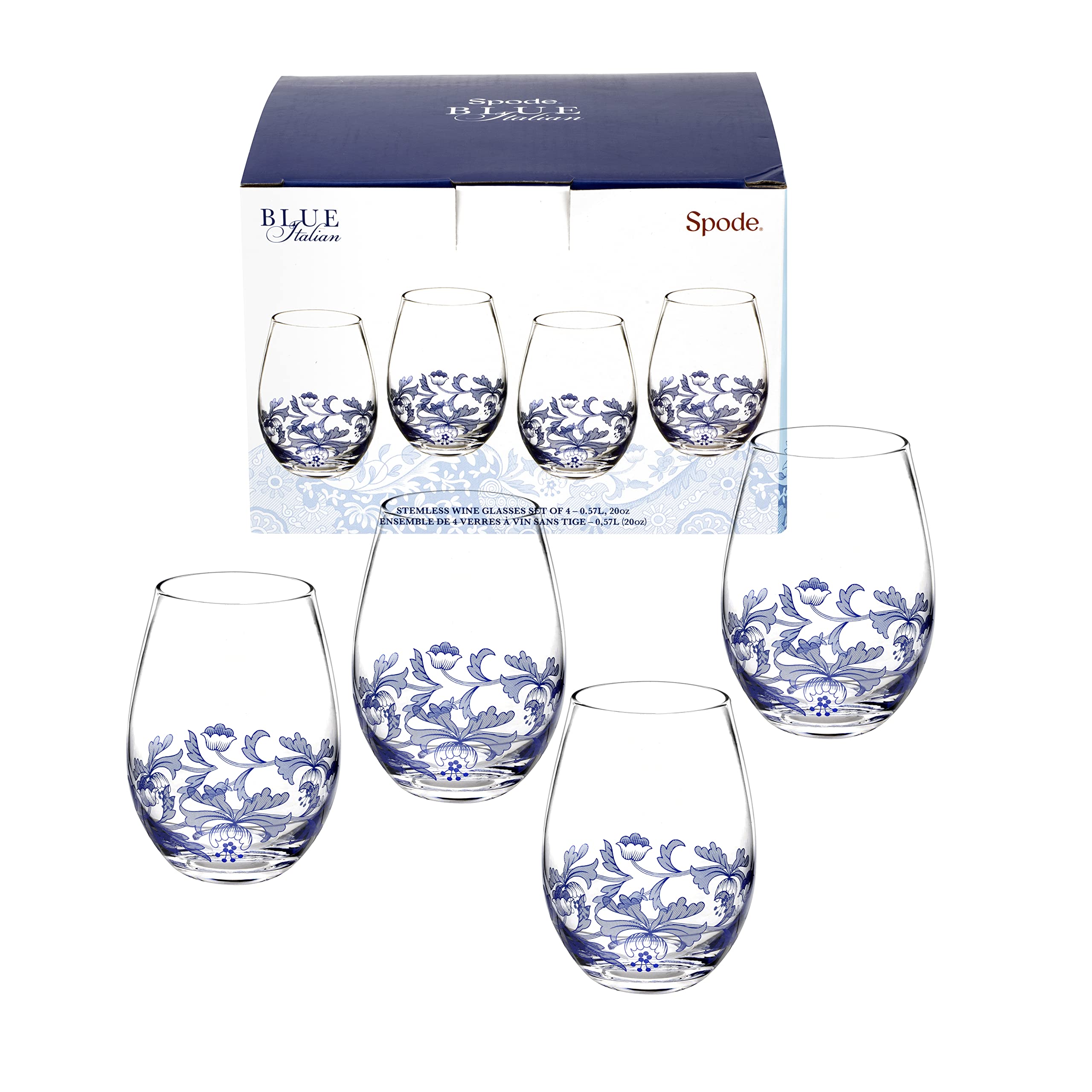 Portmeirion Spode Blue Italian Stemless Wine Glasses | Set of 4 | 19-Ounce Capacity | Red or White Wine Glass | Tumblers for Water, Cocktails, and Other Beverages
