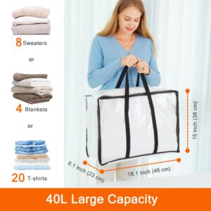 Vieshful 3 Pack Clear Clothes Storage Bag, 40L Zippered Closet Organizer, Plastic Storage Containers Moving bags for Comforter, Blanket, Bedding, Duvet, Toys