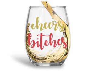 cheers bitches funny 15oz stemless crystal wine glass - fun wine glasses with sayings gifts for women