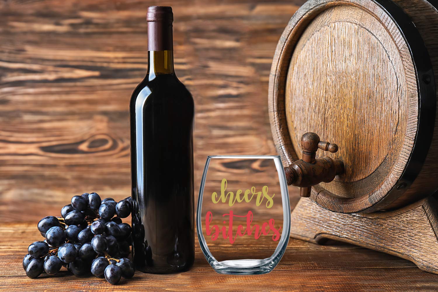 Cheers Bitches Funny 15oz Stemless Crystal Wine Glass - Fun Wine Glasses with Sayings Gifts for Women