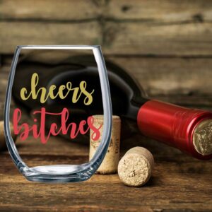 Cheers Bitches Funny 15oz Stemless Crystal Wine Glass - Fun Wine Glasses with Sayings Gifts for Women