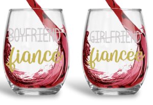 boyfriend/fiance - girlfriend/fiancee - funny 15oz crystal wine glass - stemless wine glass couples sets - perfect idea for bridal and engagement gifts