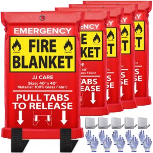 jj care fire blanket – 5 packs with hooks and gloves – emergency fire blanket for home & kitchen, high heat resistant fire suppression blankets for home safety, kitchen, and camping