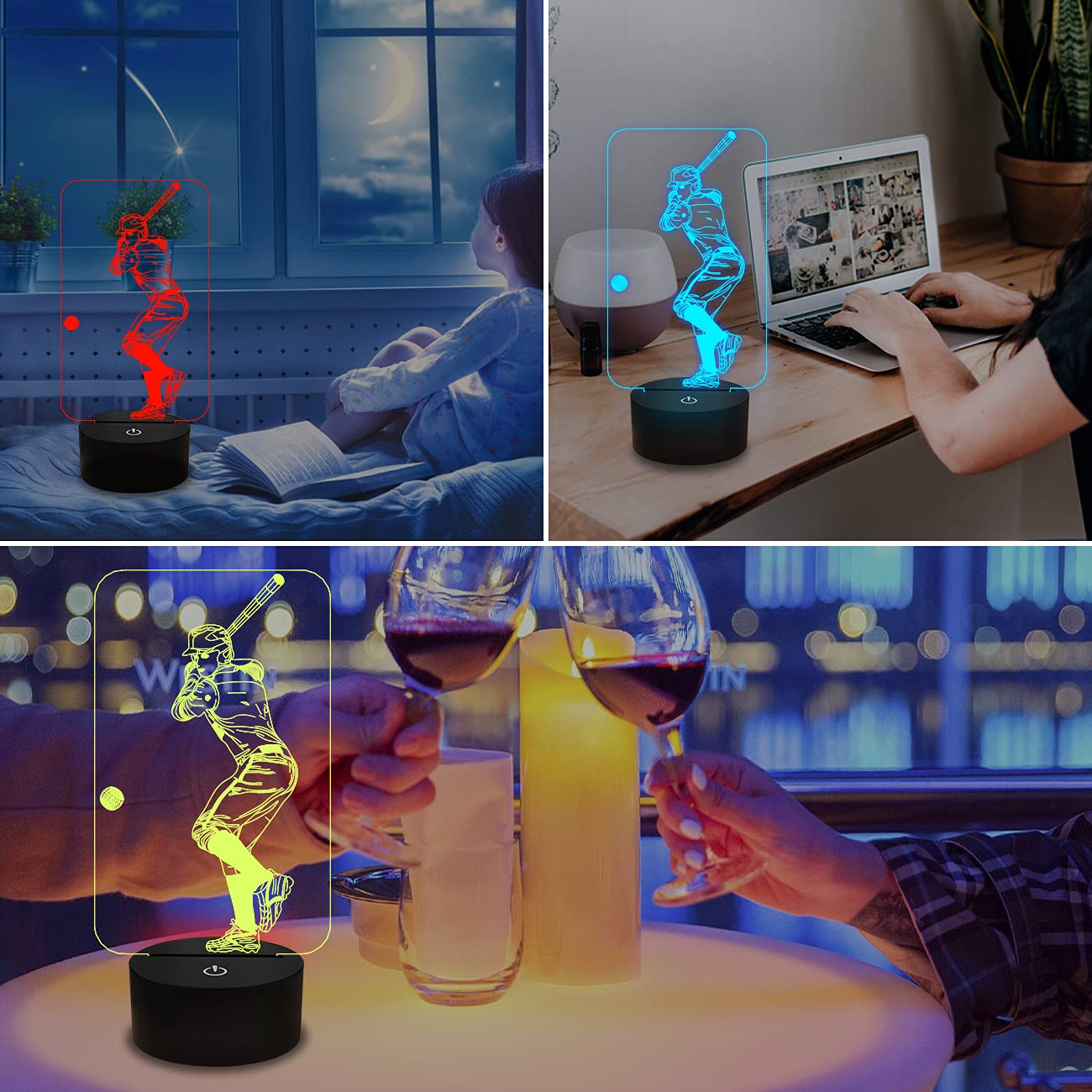 Baseball 3D Night Light, Baseball Batter Sport Gifts Bedside Lamp for Xmas Holiday Birthday Gifts for Kids Baseball Fan with Remote Control 16 Colors Changing + 4 Changing Mode + Dim Function