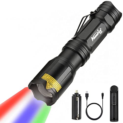 ALONEFIRE X004 Multicolor 4 Color in 1 LED Tactical Flashlight Rechargeable Red Green Blue White RGB Light Color Changing Waterproof with Battery, Charger for Camping Hiking Fishing Hunting Tracking