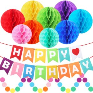 happy birthday banner, rainbow birthday banner for birthday decorations, colorful paper honeycomb balls, circle dots hanging decorations