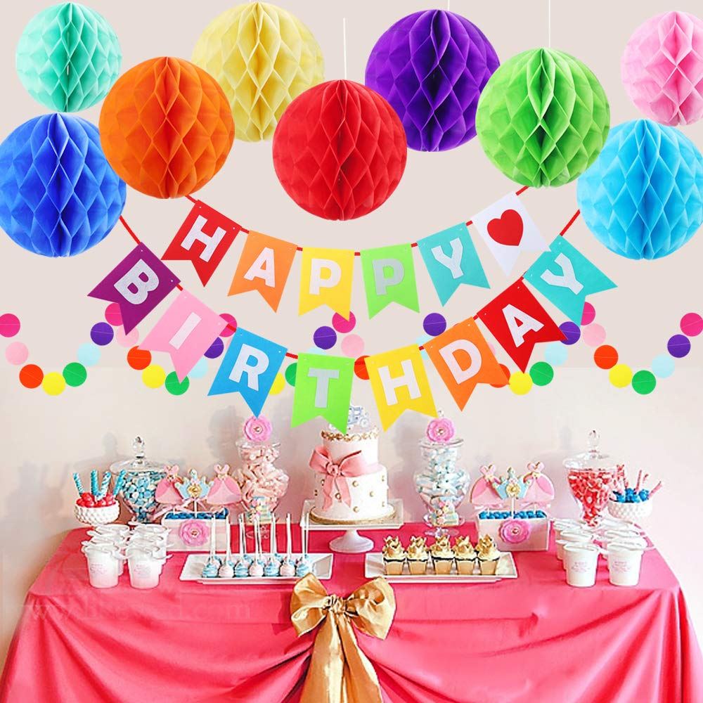 Happy Birthday Banner, Rainbow Birthday Banner for Birthday Decorations, Colorful Paper Honeycomb Balls, Circle Dots Hanging Decorations