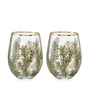 twine woodland stemless wine glasses, festive gold rim tumblers, decorative barware, 16 oz set of 2