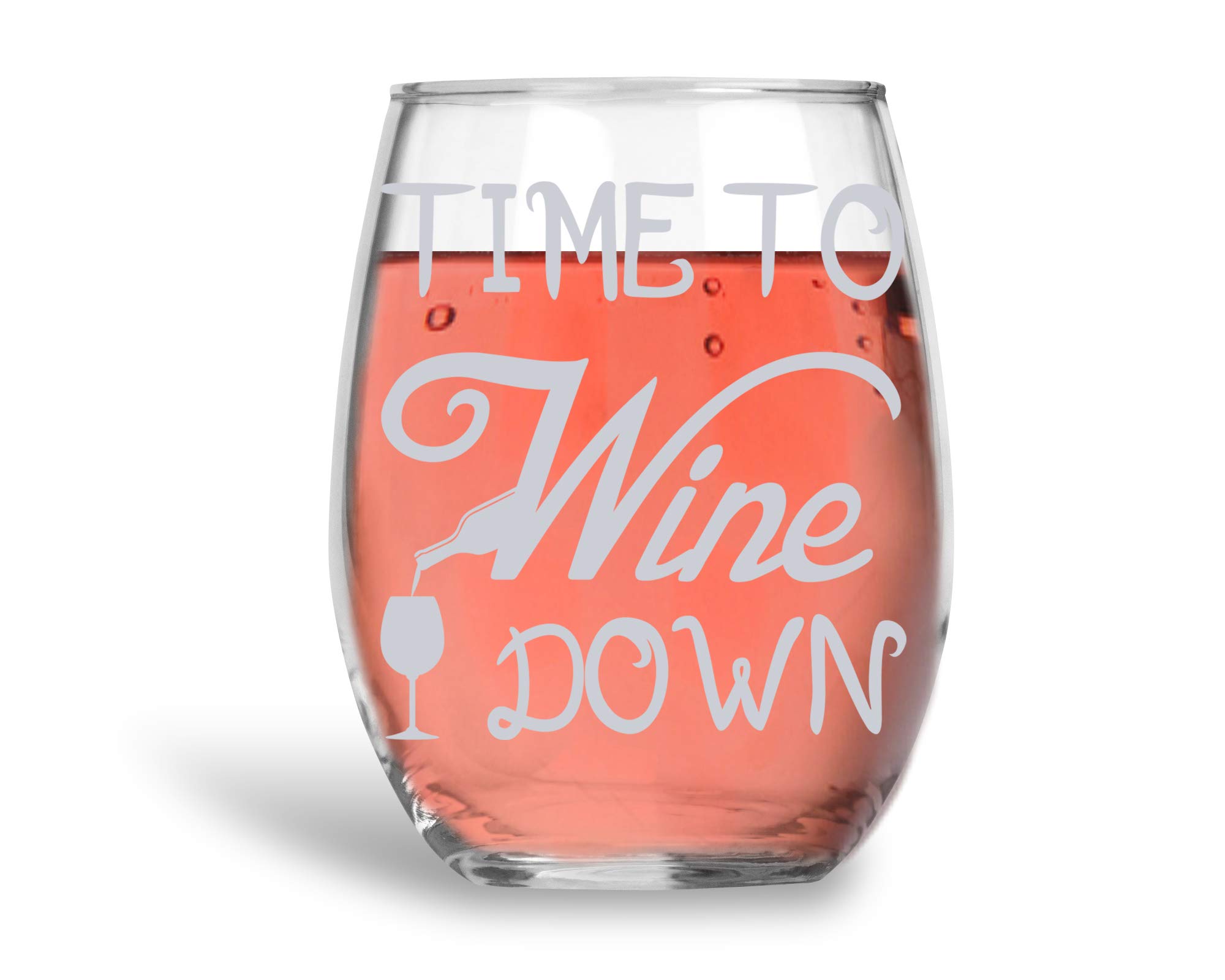 Time to Wine Down Funny 15oz Stemless Crystal Wine Glass - Fun Wine Glasses with Sayings Gifts for Women