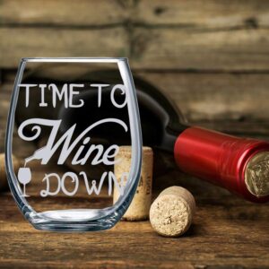 Time to Wine Down Funny 15oz Stemless Crystal Wine Glass - Fun Wine Glasses with Sayings Gifts for Women