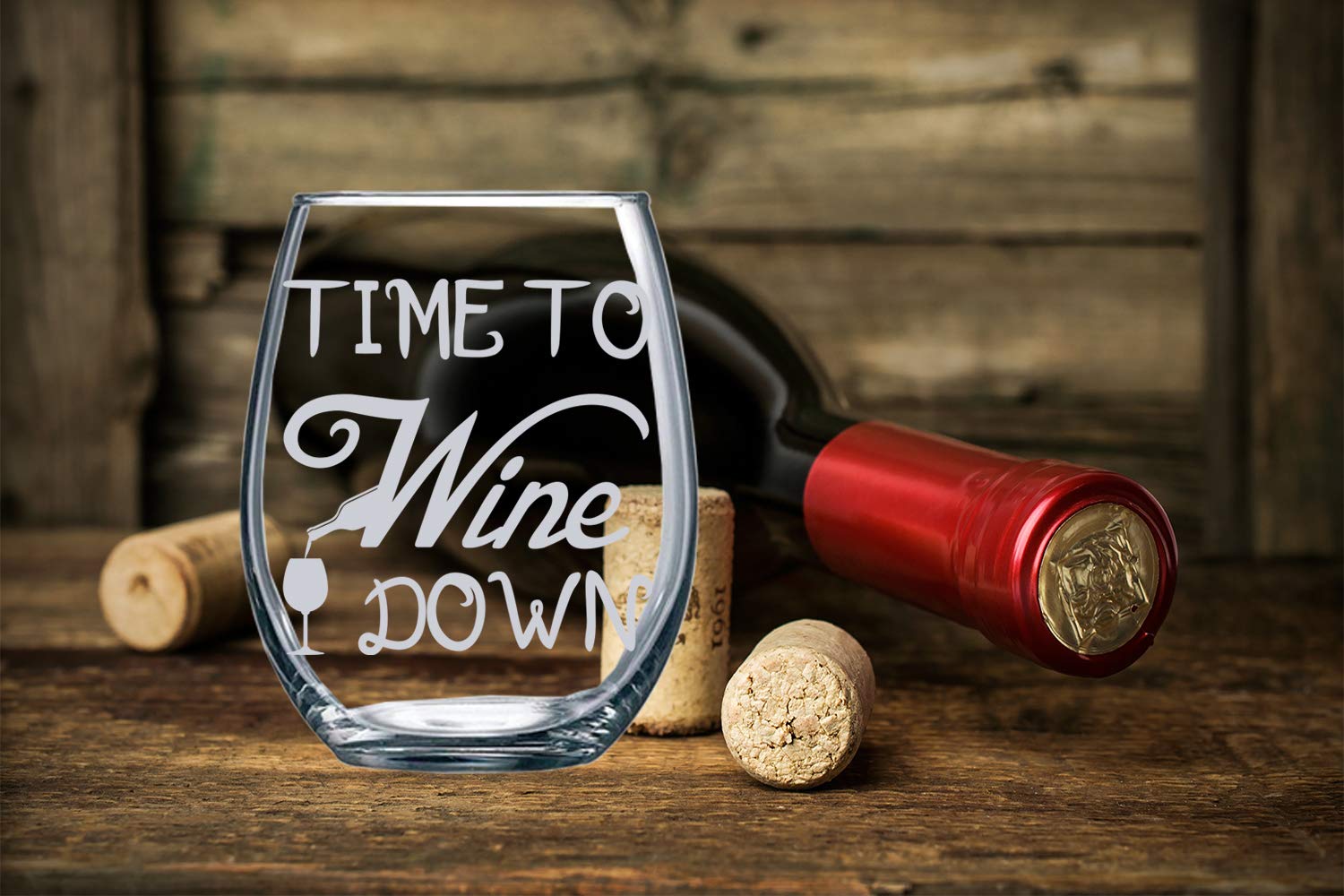 Time to Wine Down Funny 15oz Stemless Crystal Wine Glass - Fun Wine Glasses with Sayings Gifts for Women
