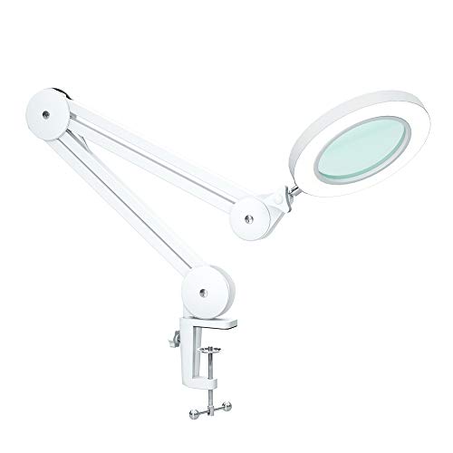 Magnifying Glass with Light and Clamp, Magnifying Lamp with 4.2'' 5X Real Glass Magnifier, 3-Color Dimmable LED Light, Premium Swing Arm Hands Free for Estheticians Crafts Hobbies Arts