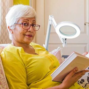 Magnifying Glass with Light and Clamp, Magnifying Lamp with 4.2'' 5X Real Glass Magnifier, 3-Color Dimmable LED Light, Premium Swing Arm Hands Free for Estheticians Crafts Hobbies Arts