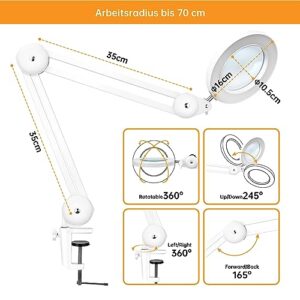 Magnifying Glass with Light and Clamp, Magnifying Lamp with 4.2'' 5X Real Glass Magnifier, 3-Color Dimmable LED Light, Premium Swing Arm Hands Free for Estheticians Crafts Hobbies Arts