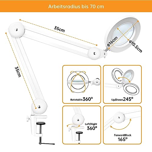 Magnifying Glass with Light and Clamp, Magnifying Lamp with 4.2'' 5X Real Glass Magnifier, 3-Color Dimmable LED Light, Premium Swing Arm Hands Free for Estheticians Crafts Hobbies Arts