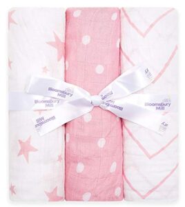 bloomsbury mill – swaddle blanket - muslin swaddle blankets for baby girls and boys - 100% organic cotton baby swaddles 3 pack - pink and white – 47” x 47”