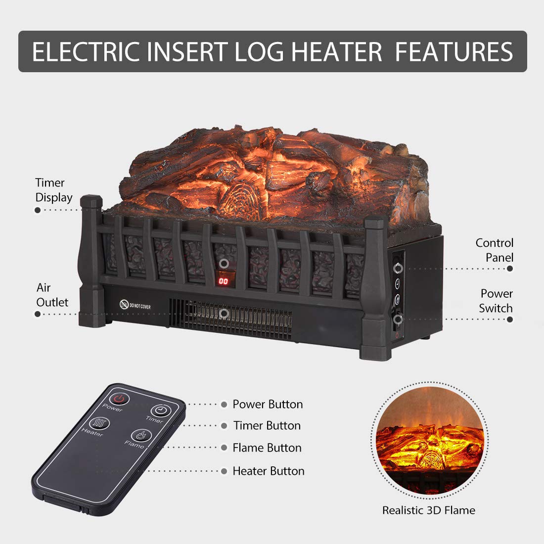 Regal Flame 20 Inch Electric Fireplace Log Realistic Ember Bed Insert with Heater in Oak