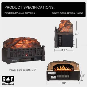 Regal Flame 20 Inch Electric Fireplace Log Realistic Ember Bed Insert with Heater in Oak
