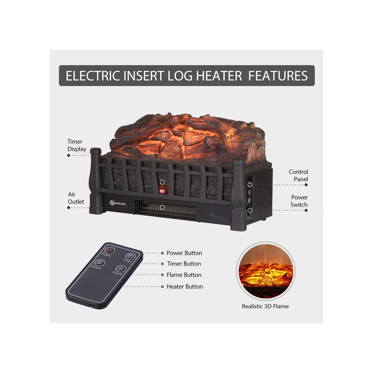 Regal Flame 20 Inch Electric Fireplace Log Realistic Ember Bed Insert with Heater in Oak