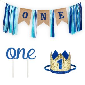 1st birthday boy decorations with burlap highchair banner, cake topper, blue hat crown for happy first birthday party decoration supplies